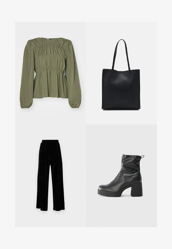 Olīvzaļš blūze ar garām puff piedurknēm un krunkotām tekstūrām. Tai ir apaļa izgriezne un pogu aizdare aizmugurē.; Melni platajā stila bikses, izgatavotas no mīksta samta, ar elastīgu jostu un gludu tekstūru, bez redzamām detaļām vai rakstiem.; Melni potītes zābaki, kas izgatavoti no gludas ādas, ar sānu rāvējslēdzēju, masīvu strukturētu papēdi un noapaļotu purngalu.; Melnas ādas somiņa ar gludu tekstūru, taisnstūra formu un divām garām rokturiem. Nav redzamu aparatūras vai rotājumu.