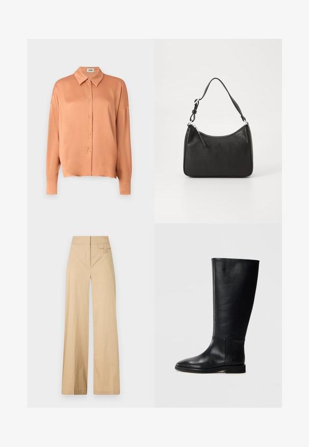 Peach-colored button-up shirt made from smooth fabric, featuring a classic collar, long sleeves, and a relaxed fit.; Beige wide-leg pants made of cotton blend fabric. Features a smooth texture, elastic waistband, and a side button detail.; Black leather knee-high boot with a rounded toe, smooth texture, minimalistic design, and a flat sole. Simple seam details on the shaft.; Black leather handbag with a curved shape, a single strap, zip closure, and subtle branding on the front. Smooth texture, minimalist design.