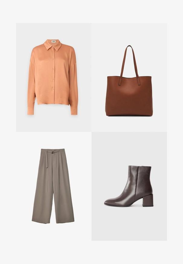 Peach-colored button-up shirt made from smooth fabric, featuring a classic collar, long sleeves, and a relaxed fit.; Wide-leg trousers in a soft, muted grey fabric, featuring a belted waist and pleats for added design detail. Smooth texture, no patterns.; Brown leather ankle boot with a sleek design, pointed toe, and square block heel. Smooth texture and minimalistic silhouette.; Brown leather tote bag with a smooth texture, open top design, and two shoulder straps. Features minimal stitching and no visible hardware.