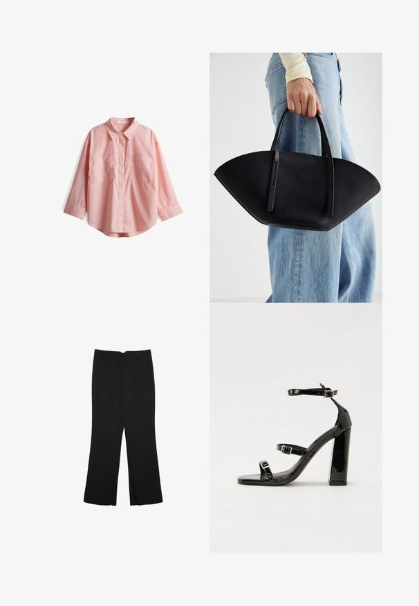 Camicia button-up rosa chiaro con maniche lunghe, due tasche frontali, colletto classico e orlo leggermente curvato. Realizzata in un tessuto morbido e texturizzato.; Pantaloni neri a gamba dritta, con tasche frontali e spacchi laterali all'orlo. Realizzati in tessuto morbido e liscio. Adatti a diverse occasioni.; Sandali con tacco alto in vernice nera con due cinturini con fibbia, punta quadrata e tacco spesso a blocco, caratterizzati da una texture liscia e lucida.; Borsa a tracolla in pelle nera con una forma a ventaglio unica, dotata di manici piatti. La superficie presenta una texture a ciottoli e un design minimalista.