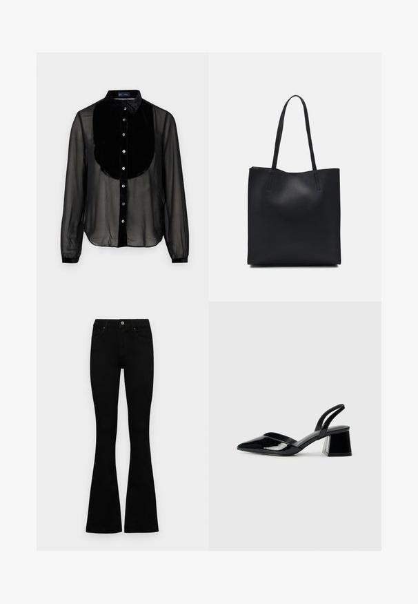 Black sheer button-up shirt with a velvet yoke and collar, featuring long sleeves and silver buttons down the front. Soft texture.; Black high-waist jeans with a button and zip closure, front pockets, and flared legs laid flat on a white background.; Black patent leather slingback heels with a pointed toe and a geometric block heel. Features a sleek, minimal design and smooth texture.; Black leather tote bag with smooth texture, rectangular shape, and two long handles. No visible hardware or embellishments.