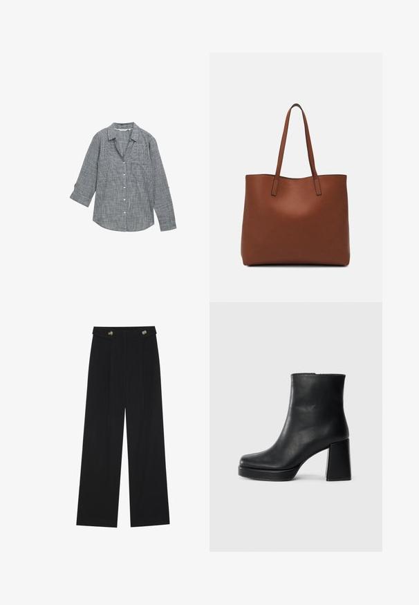 TOM TAILOR WITH SLUB STRUCTURE - Bluza z gumbi - navy midnight blue; Črne široke hlače s visokim pasom, gumbnimi detajli na pasu in sprednjimi gubami.; Črne usnjene gležnjarje z blok peto in platformo, prikazane s strani na enobarvni beli podlagi.; Rjava usnjena torba z gladko teksturo, odprto zasnovo zgoraj in dvema naramnima trakovoma. Opremljena je z minimalnim šivanjem in brez vidnih kovinskih delov.