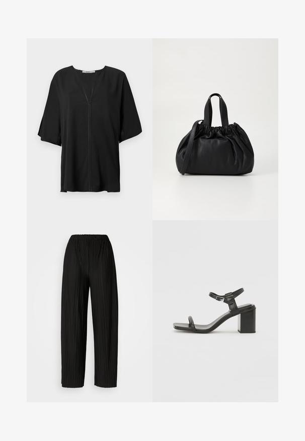 Blusa nera in tessuto leggero, caratterizzata da un collo a V, maniche corte ampie e un dettaglio centrale in cucitura. Texture liscia con una vestibilità rilassata.; Pantaloni neri a gamba larga plissettati con vita elastica. Il tessuto presenta pieghe verticali e una consistenza liscia.; Sandalo in pelle nera con tacco a blocco e una fascia larga sopra le dita, dotato di una cinghia regolabile alla caviglia, caratterizzato da un design elegante e minimalista.; Borsa a tracolla in pelle nera con design a cima arricciata, dotata di due manici corti e di una lunga tracolla regolabile. Texture liscia, forma arrotondata.