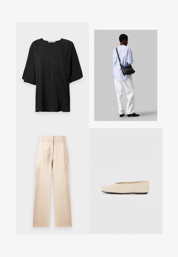 Juoda bluzonė iš lengvos medžiagos, su V formos iškirpte, laisvais trumpais rankovėmis ir centrine siūle. Lygi tekstūra su laisva siluetu.; Smėliniai kelnių pagaminti iš lygios medžiagos. Turi tiesią pynimą, plokščią priekį ir dvi raukšles. Nėra matomų raštų ar metalinių detalių.; Šviesiai ruda zomšinė balerina su apvalia nosimi, plokščiu padu ir minimalistiniu dizainu. Lygi tekstūra ir jokių matomų detalių ar puošmenų.; Juodas odinis petinis krepšys su minkšta tekstūra, trikampiu pavidalu ir reguliuojama juosta, derinamas su šviesiai mėlynu dryžuotu marškinėliu ir baltais džinsais.