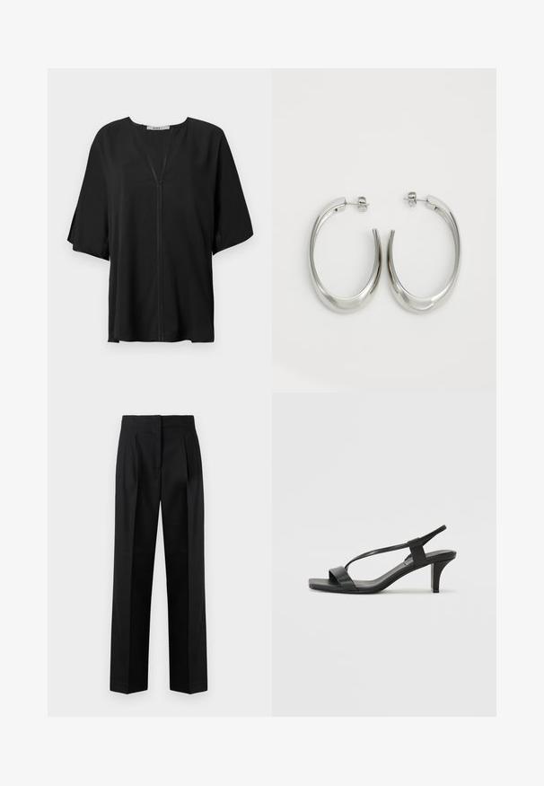 Čierna blúzka z ľahkej tkaniny, s výstrihom do V, voľnými krátkymi rukávmi a centrálnym švom. Hladká textúra s pohodlným strihom.; Čierne nohavice z tkaného materiálu, s elegantným strihom a záhybmi, rovný strih a hladký predný diel. Odolná a hladká textúra.; Čierne sandále na podpätku so štíhlym dizajnom popruhov, štvorcovou špičkou a stredne vysokým blokovým podpätkom. Vyrobené z hladkej kože s matným povrchom.; Strieborné kruhové náušnice s hladkým, zakriveným dizajnom. Majú lesklý kovový povrch a zapínanie na kolík. Žiadne viditeľné vzory ani akcenty.