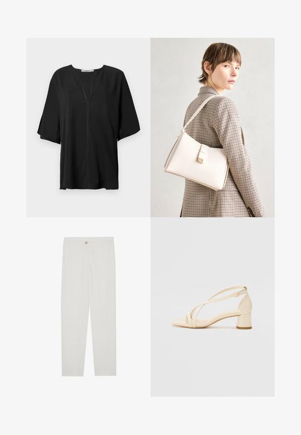 Blusa nera in tessuto leggero, caratterizzata da un collo a V, maniche corte ampie e un dettaglio centrale in cucitura. Texture liscia con una vestibilità rilassata.; Pantaloni bianchi su misura con design a gamba dritta, dotati di chiusura a bottone, passanti per cintura e tasche laterali; tessuto morbido.; Sandali con tacco beige a blocco, design con cinturini, e cinturino alla caviglia regolabile, realizzati in materiale sintetico liscio con finitura opaca.; Borsa a mano in pelle bianca con un design strutturato, presente di un clasp magnetico e una tracolla, esposta su uno sfondo neutro.