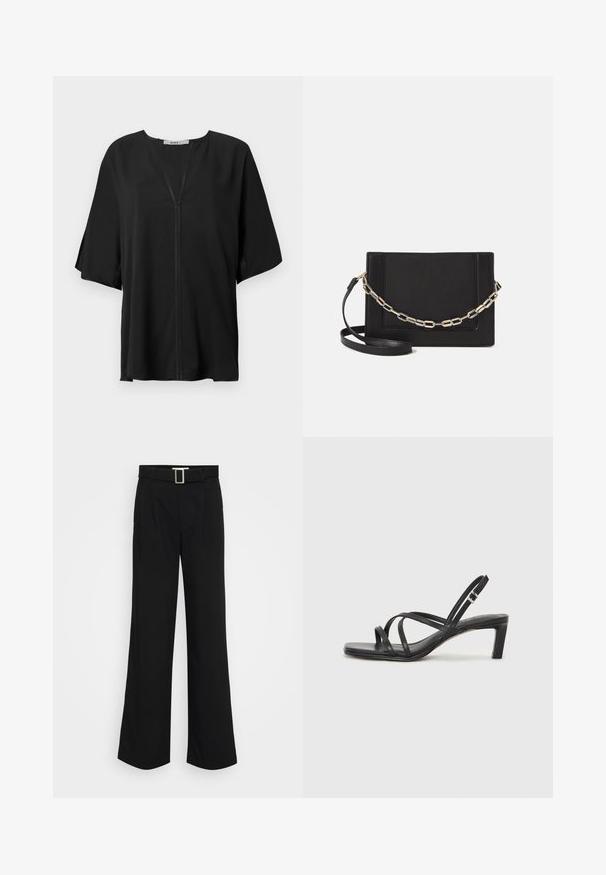 Sort bluse i let stof, med V-udskæring, løse korte ærmer og en central sømdetalje. Glat tekstur med en afslappet pasform.; Sorte vide benbukser lavet af letvægtsstof, med en glat overflade, forfaldsplisseringer og et bælte med en firkantet metalspænde.; Sort remsandale med firkantet tå og en lav blokeret hæl. Har flere tynde stropper og en justerbar ankelrem. Fremstillet af glat læder.; Sort læder crossbody taske med en glat tekstur, rektangulær form og en metallisk kæde detalje foran. Justerbar skulderrem inkluderet.