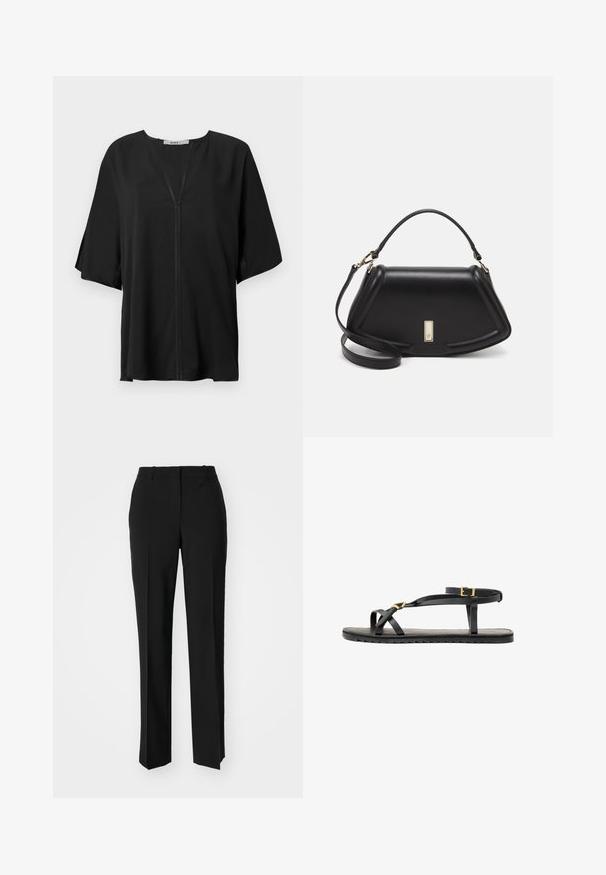 Čierna blúzka z ľahkej tkaniny, s výstrihom do V, voľnými krátkymi rukávmi a centrálnym švom. Hladká textúra s pohodlným strihom.; Čierne krajčírské nohavice so strihom rovného nohu, s hladkou textúrou a ostrými skladmi pozdĺž prednej časti. Žiadne viditeľné hardvér.; Čierne kožené sandále s tenkými popruhmi a prackou okolo členku. Plochá podrážka s textúrovaným povrchom a zigzagovým okrajom. Minimalistický dizajn.; Čierna kožená kabelka so štruktúrovaným dizajnom, s krátkym tvarom, hornou rúčkou a zlatými prvkami. Súčasťou je nastaviteľný ramenný popruh.