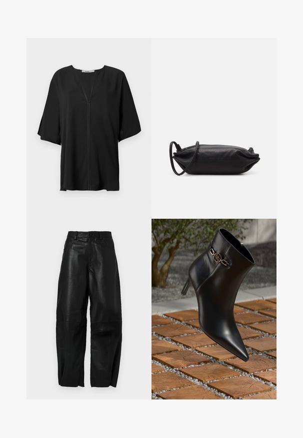 Schwarze Bluse aus leichtem Stoff, mit V-Ausschnitt, lockeren kurzen Ärmeln und einer zentralen Nahtdetail. Geschmeidige Textur mit lockerer Passform.; Schwarze Lederhose mit lockerer Passform, geradem Bein, Fronttaschen und sichtbaren Nähten.; Schwarze Leder-Ankle-Boots mit spitzem Zehen und kleinem Absatz. Mit einem goldenen Kettenakzent am Knöchel. Umgeben von einer strukturierten Steoberfläche.; Schwarze Leder-Clutch mit rechteckiger Form, glatter Textur, dünnem Schulterriemen und minimalistischer Gestaltung.
