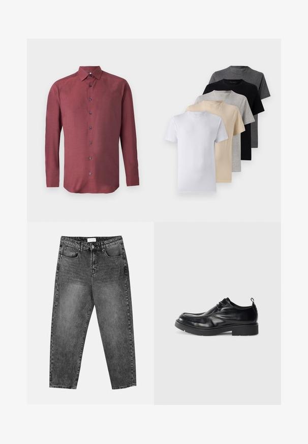 Skjorte med lange ærmer og knapper i bordeauxstof med et tekstureret mønster og mørkeblå knapper; har spidse kraver og lige kant.; Sæt af fem kortærmede t-shirts i hvid, beige, lys grå, mørk grå og sort. Fremstillet af glat bomuld med rund halsudskæring.; Sorte vasket straight-leg jeans med for- og baglommer, bæltestropper og knaplukning i taljen.; Sort læderherresko med rund tå, snørelukning og en dekorativ søm. Har en tyk, tekstureret gummisål og en hæltab.