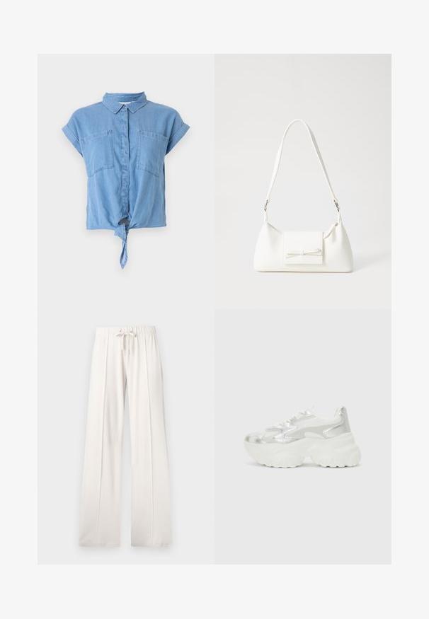 Light blue denim short-sleeve shirt featuring a collar, two chest pockets, and a knotted front detail at the hem. Smooth texture.; Light beige sweatpants made of soft fabric, featuring a drawstring waist, wide legs, and vertical seams, with a smooth texture.; Silver sneaker with a textured mesh upper and iridescent accents, featuring a chunky white sole and lace-up closure.; White synthetic handbag with a triangular shape, flat front flap and bow detail, adjustable strap, smooth texture, and minimalistic design.