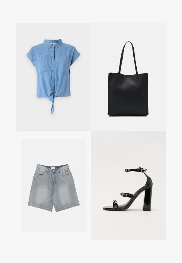 Camisa de denim azul claro de mangas curtas com colarinho, dois bolsos no peito e um detalhe em nó na barra. Textura suave.; Calções de ganga em azul claro com um acabamento desbotado. Apresenta um fecho por botão, cinco bolsos e um design de perna reta.; Sandálias de tacão preto laqueadas com bico quadrado, tiras para o tornozelo e fivelas prateadas. Apresentam um salto bloco chunky para estabilidade.; Bolsa tote preta em couro com textura lisa, forma retangular e duas alças longas. Sem hardware ou enfeites visíveis.