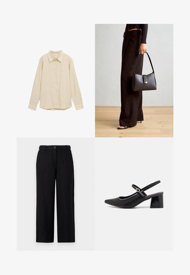 Light beige long-sleeve shirt with a button-up front, classic collar, soft texture, and slightly rounded hem. No visible patterns or accents.; Black wide-leg pants made of a lightweight fabric, featuring a front button closure and belt loops. Smooth texture with no visible patterns.; Black patent leather slingback heels with a pointed toe, a rounded cutout design, and a block heel. Features a gold-tone buckle accent.; Black handbag with structured shape, smooth texture, and a metallic clasp. Paired with wide black pants and open-toe sandals on wooden floor.