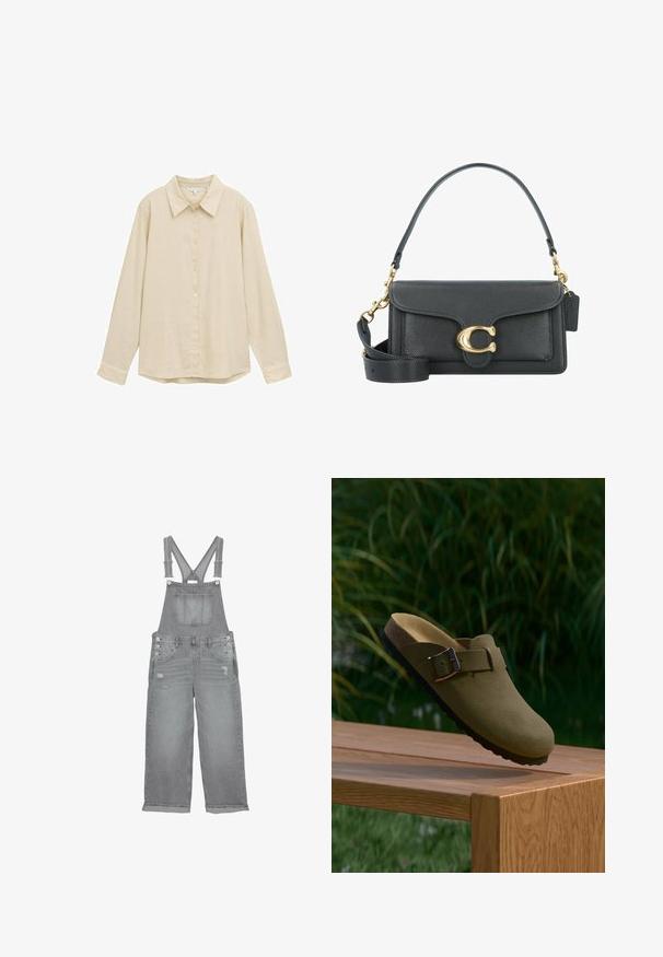 Jasno beżowa koszula z długim rękawem, z zapięciem na guziki z przodu, klasycznym kołnierzykiem, miękką teksturą i lekko zaokrąglonym dołem. Brak widocznych wzorów lub dodatków.; Szare dżinsowe ogrodniczki z regulowanymi ramiączkami, kieszenią na piersi, bocznymi guzikami i przetarciami na nogawkach.; Olivegreenowe zamszowe klapki na obcasie z klamrą, uniesione nad drewnianą ławką, w tle zielona trawa i rośliny.; Czarna skórzana torba na ramię z akcentami w kolorze złotym, wyposażona w charakterystyczne zapięcie, odpinany pasek na ramię oraz teksturowaną powierzchnię.