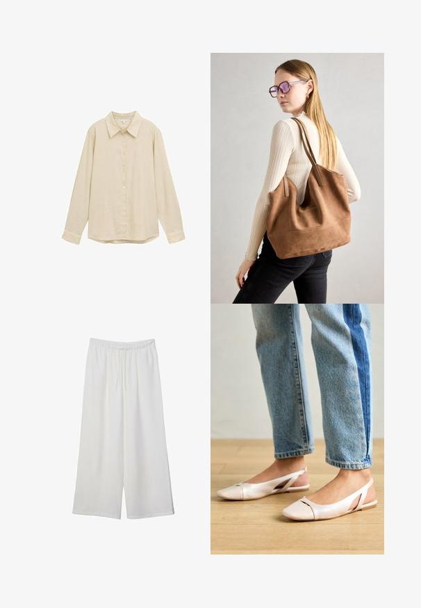 Lichtbeige lange mouwen shirt met een knoopsluiting aan de voorkant, klassieke kraag, zachte textuur en een licht afgeronde zoom. Geen zichtbare patronen of accenten.; Witte wijde broek van lichtgewicht stof, met een elastische tailleband en een trekkoord voor een verstelbare pasvorm. Glad texture.; Zachtroze slingback ballerina's met een spitse neus, gemaakt van een glad leerachtig materiaal. Bevat uitsnijdingen aan de zijkanten en heeft een platte hak.; Bruine suède totebag met zachte textuur, grote opening en lange hengsels. Het heeft een eenvoudig ontwerp met zichtbare stiksels en geen hardware.