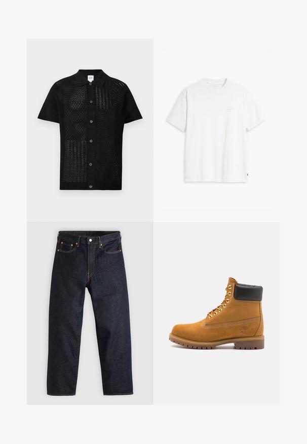 Lühikeste varrukatega must polo särk, mille ees on tekstureeritud, perforeeritud kootud materjal. Omab kindlat kraed ja nööpe keskosas.; Valge puuvillane T-särk lühikeste varrukatega, ümmarguse kaelusega ja esiküljel heledas toonis peen "Levi's" logo.; Tumedad sinised teksad sirge lõikega, viie taskuga, kontrastsete oranžide õmblustega ja nööpide kinnitusega. Ilma nähtavate mustrite või kaunistusteta.; Küpset tan suede sääreboot musta pehmea kraega, kuldsed metallist silmad, valge õmblemise detailid ja robustne kummist tallaga, millel on väljendunud mustrid.
