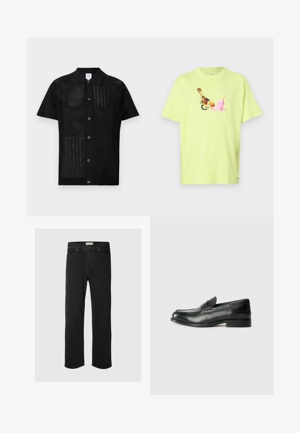 Zwarte polo met korte mouwen, voorzien van een getextureerde, geperforeerde stof aan de voorkant. Heeft een effen kraag en knopen in het midden.; Limoengroene katoenen T-shirt met een afbeelding van een vogel en een roze ijsje, met een eenvoudige ronde hals en korte mouwen.; Zwarte denim rechte jeans hebben een klassiek vijf-pocket ontwerp met knoopsluiting, minimale stiksels en een zachte textuur.; Zwarte leren instappers met een gladde afwerking, gestikte details over de bovenkant en een licht verhoogde hak.