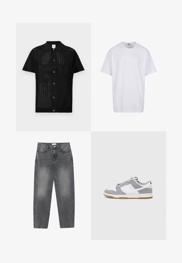Polo shirt nero a maniche corte con una maglia testurizzata e perforata sul davanti. Presenta un colletto solido e bottoni al centro.; Maglietta bianca in cotone con maniche corte, scollatura rotonda, vestibilità comoda e senza loghi o motivi visibili. Texture liscia e design minimale.; Jeans a vita alta, dal taglio ampio in denim nero sbiadito. Presentano cinque tasche, passanti per cintura e un design dritto e pulito.; Sneaker grigia e bianca con tomaia in suede e pelle, punta arrotondata, lacci piatti e soletta in gomma con un accento color caramello.