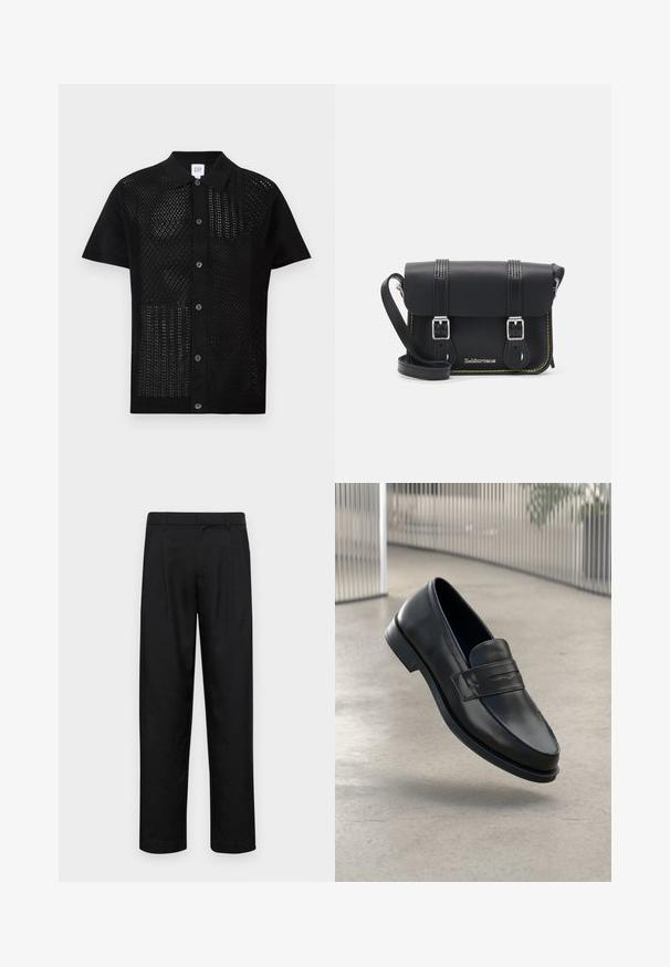 Polo majica s kratkimi rokavi črne barve z teksturiranim, perforiranim pletenjem na sprednji strani. Ima trd ovratnik in gumbe po sredini.; Bela bombažna majica s kratkimi rokavi, okroglim izrezom, sproščenim krojem in brez vidnih logotipov ali vzorcev. Gladka tekstura in minimalen dizajn.; Črne hlače iz gladkega materiala, s krojem ravne noge, dvema sprednjima pregiboma in standardnim pasom z zankami za pas.; Črni usnjeni loafer z gladko teksturo, zašiljenim prstom in okrasnim trakom čez nart. Lahka podplat, minimalističen dizajn.; Črna usnjena torba čez ramo s poklopcem, dvema srebrnima zaponkama, rumenim šivom in nastavljivim trakom. Ima gladko teksturo in kompaktno zasnovo.