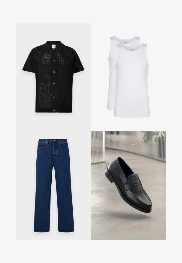 Černé polo tričko s krátkým rukávem, které má na přední straně texturovanou, perforovanou pleteninu. Obsahuje pevný límec a knoflíky uprostřed.; Bílé bavlněné tílka, bez rukávů, kulatý výstřih, hladká textilie, vyrobená z měkkého, lehkého materiálu. Zobrazeny dva kusy.; Tmavě modré džíny v rovného střihu, s oranžovým šitím, knoflíkovým zapínáním a dvěma předními kapsami s kontrastními nýty.; Černá kožená mokasína s hladkou texturou, špičatou špičkou a ozdobným páskem přes nárt. Lehká podrážka, minimalistický design.