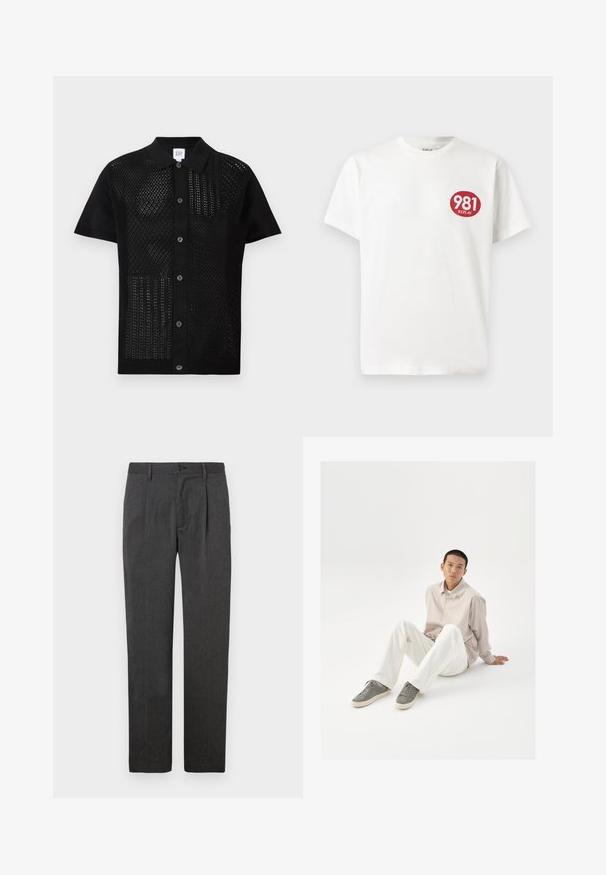 Rövid ujjú fekete póló ing, amelynek elülső része texturált, perforált kötésű. Egyszínű gallérral és középen gombokkal rendelkezik.; Fehér pamut póló, bal mellen kör alakú piros logóval és \; Szürke, egyenes szárú nadrág, elöl redőzött fazonban, zipzárral és gombos záródással. Simas textúra, klasszikus dizájn.; Beige gombos ing, fehér nadrág és szürke sportcipő. Az ing laza fazonú, a sportcipő pedig textúrált felületű és fűzős kialakítású.