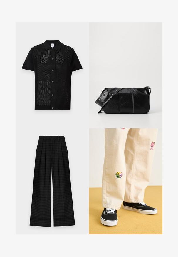 Īsām piedurknēm melns polo krekls ar teksturētu, caurspīdīgu adījumu priekšā. Ar cietu apkakli un pogām vidū.; Melni kvadrātoti plaša kāju bikses ar krokām, kurām ir gluda tekstūra un klasiskā dizaina. Viegls audums komfortam.; Beige kokvilnas bikses ar rotaļīgiem izšūtiem dizainiem, tostarp rozā raksturs un krāsains bloks, saskaņotas ar melniem kurpēm ar auklām.; Melnas ādas plecu soma ar rāvējslēdzēja aizdari, ar teksturētu virsmu, baltu dūrienu un siksnu ar sudraba iekavām.