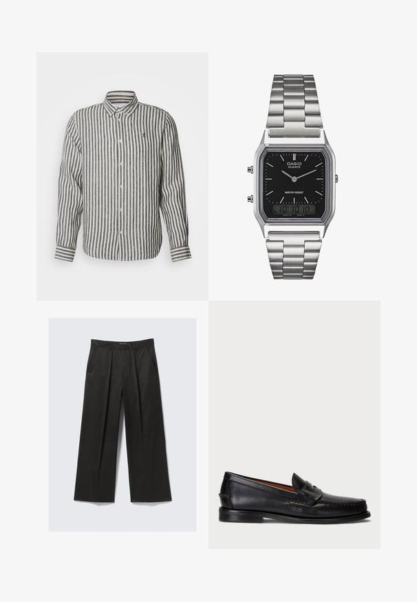 Les Deux KRISTIAN SHIRT - Pluus - dark navy/ivory; Mustad laiade jalgadega püksid sujuva tekstuuriga, millel on kaks eesmist taskut ja veidi tõstetud vöökoht.; Mustad mustad nahast loafers, ümmarguse varbaga, õmblustega kaunistused ja dekoratiivne rihm esiosas. Lame talla minimalistik profiil.; Hõbedane roostevabast terasest kvarts kell musta ristküliku kujulise näoga, millel on analoognõjad, digitaalelektrooniline kuva ja vee vastupanu silt.