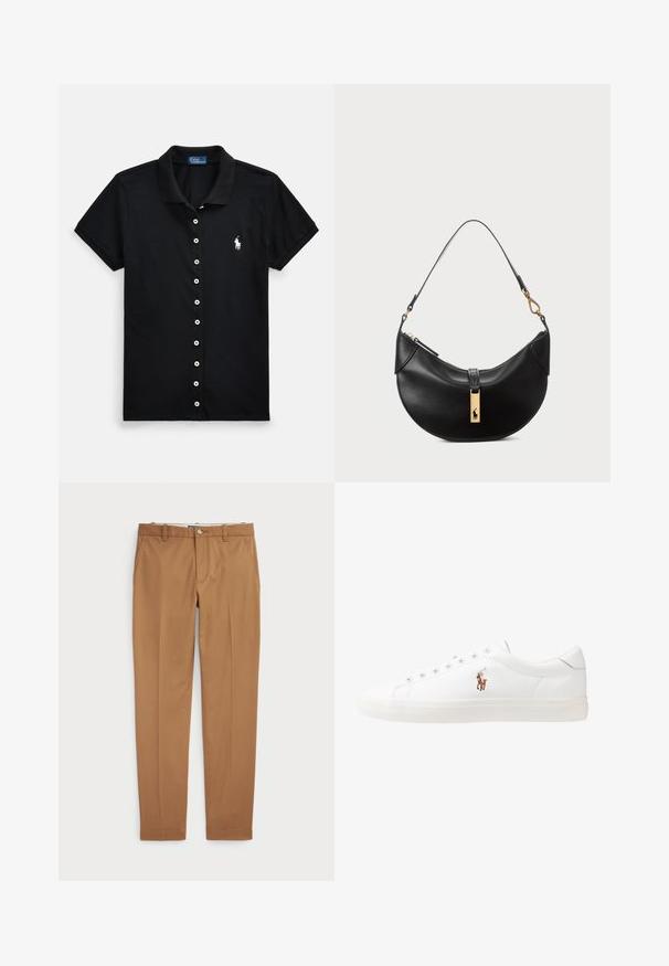 Polo preta de algodão, com fecho de botões na frente, mangas curtas e um pequeno logótipo branco no peito.; Calças de algodão castanhas com um design slim-fit, frente lisa e bolsos standard; textura suave e bainhas com acabamento.; Sapatilhas de couro brancas, design de cano baixo, com textura suave, biqueira redonda, atacadores à frente e um pequeno logótipo bordado na lateral.; Bolsa de couro preto em forma de meia-lua. Apresenta um detalhe em metais dourados e uma alça estreita. Textura suave, fechamento em zíper na parte superior.