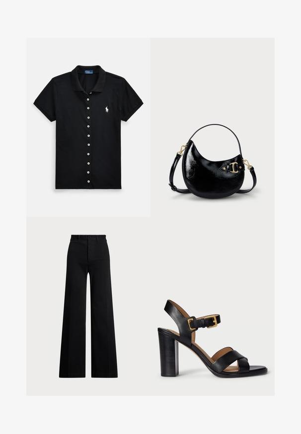 Svart poloskjorte i bomull, med knappestolpe foran, korte ermer og en liten hvit logo på brystet.; Svart brede benbukser laget av vevd stoff, med høy midje, frontlukking med knapp og sidelommer. Glatt tekstur med rene linjer.; Svarte lær hæler med krysset stroppdesign og spenning. Har en kraftig hæl og glatt tekstur.; Svart patentlærveske med buet form, justerbar stropp og detalj i gulltone på siden. Glatt, blank tekstur.