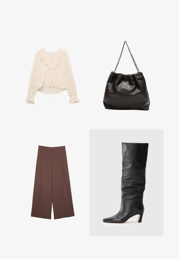 Krémová blůza s volánkovým výstřihem, dlouhými rukávy s rozšířenými manžetami a vrstveným lemem. Materiál má jemné puntíky.; Hnědé široké kalhoty s hladkou texturou, vysokým pasem a předními záhyby. Materiál je lehký a volně splývá.; Černá kožená středně vysoká botka na podpatku s mírně povoleným svrškem a špičatou špičkou na světlém pozadí.; Hnědá kožená taška se sbíraným vrškem a řetízkovým popruhem. Hladký povrch s lesklým finišem a jemným švem na bocích.