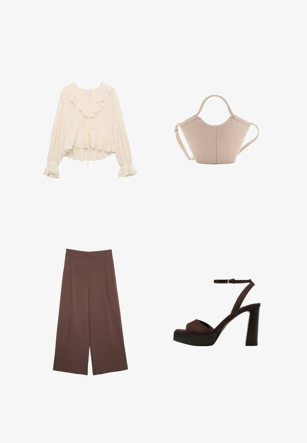 Blusa color crema con scollo arricciato, maniche lunghe con polsini a campana e orlo a strati. Il tessuto presenta sottili pois.; Pantaloni ampi marroni con una texture liscia, caratterizzati da una vita alta e pieghe frontali. Il tessuto è leggero e scorre liberamente.; Sandal in camoscio marrone con tacco alto, punta aperta, cinturino alla caviglia regolabile e suola a piattaforma striata.; Borsa in pelle beige con una forma unica, caratterizzata da due manici corti e una lunga tracolla regolabile. Texture liscia con hardware minimale.