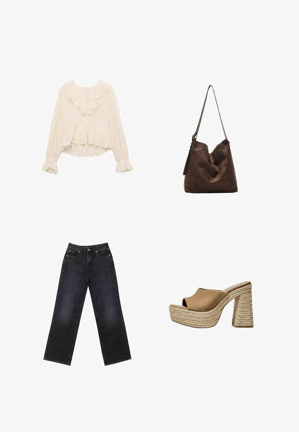 Cremfarbene Bluse mit einem Rüschenausschnitt, langen Ärmeln mit ausgestellten Bündchen und einem gestuften Saum. Der Stoff weist subtile Punkte auf.; Hoch taillierte schwarze Jeans aus Denim mit weitem Bein, Fünf-Taschen-Design und sichtbaren Nähten. Der Stoff hat eine glatte, leicht strukturierte Oberfläche.; Braune Wildleder-Plateau-Sandalen mit offenem Zeh, ausgestattet mit einem chunky geflochtenen Jute-Absatz und einem glatten, abgerundeten Oberdesign.; Braune Wildleder-Hobo-Tasche mit geschwungenem oberen Teil, einem langen Trageriemen mit Punktakzenten und einer weichen Textur. Verfügt über ein lässiges Design für den täglichen Gebrauch.