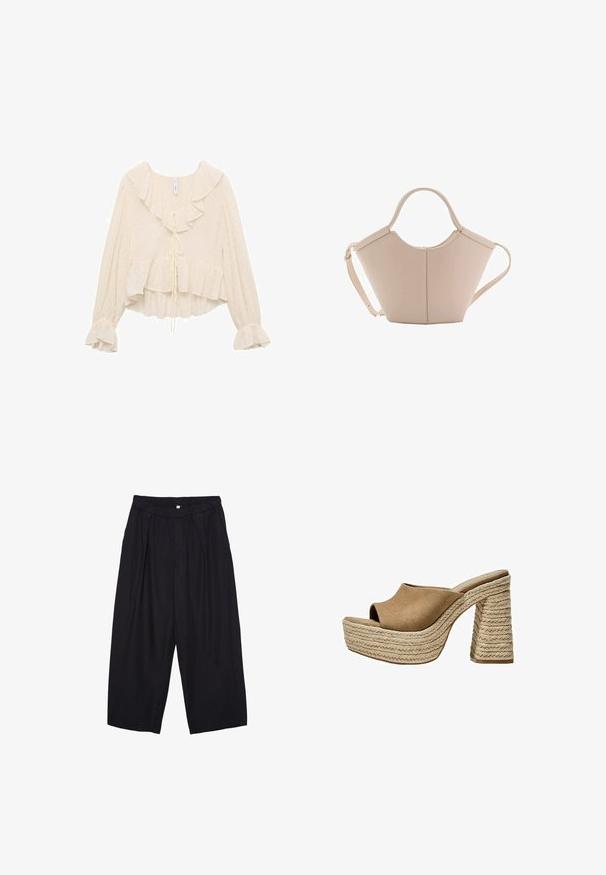 Bluzica kremaste barve z nabranim izrezom, dolgimi rokavi s širokimi manšetami in plastenim robom. Tkanina ima subtilne pikice.; Črne poliesterske culotte hlače z elastičnim pasom, dvema sprednjima nabiranjema in ohlapnim krojem. Brez vidnih vzorcev ali kovinskih detajlov.; Rjave zamšaste platforme mule z odprtim prstom, ki imajo masiven pleteni juten peto in gladko, zaobljeno zgornjo zasnovo.; Bežna usnjena torbica edinstvene oblike, z dvema kratkima ročajema in dolgim nastavljivim trakom. Gladka tekstura z minimalno kovinsko opremo.