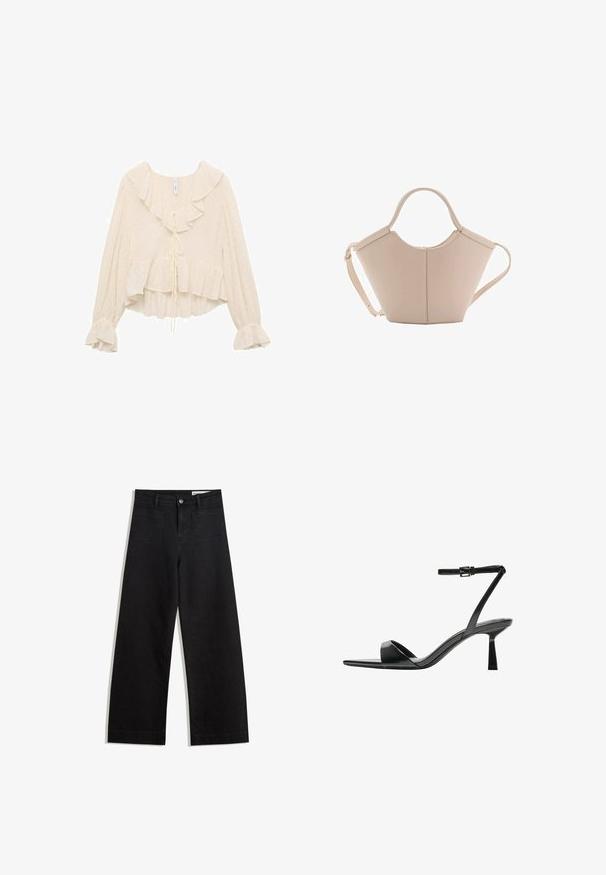 Blusa color crema con scollo arricciato, maniche lunghe con polsini a campana e orlo a strati. Il tessuto presenta sottili pois.; Pantaloni in denim neri a gamba larga con vita alta, dotati di tasche anteriori e posteriori, cuciture a punto, e chiusura con bottone. Texture liscia.; Bershka Sandali con tacco - black; Borsa in pelle beige con una forma unica, caratterizzata da due manici corti e una lunga tracolla regolabile. Texture liscia con hardware minimale.
