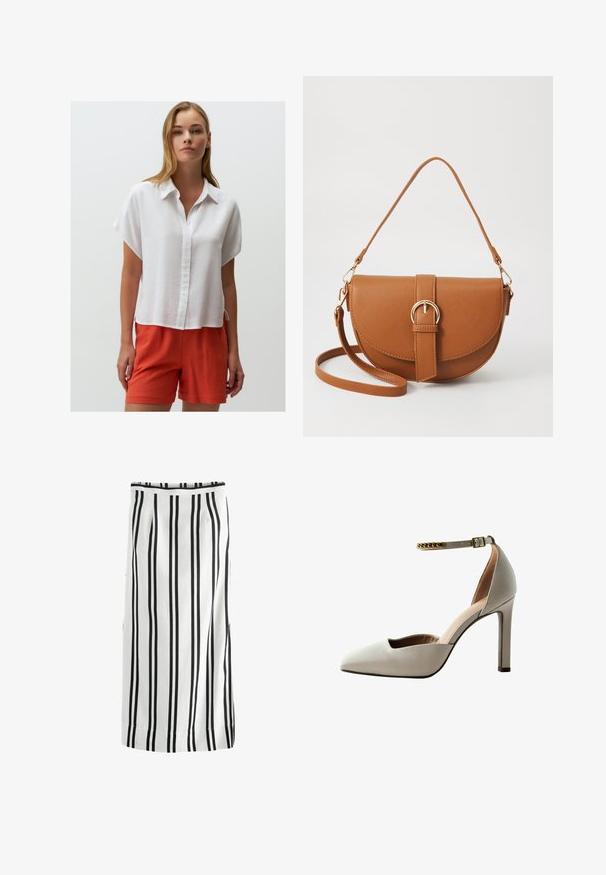 White linen short-sleeve shirt with a button placket, curved hem, and side slits, paired with bright orange linen shorts.; Next COLUMN - REGULAR FIT - Maxi skirt - black white; Light gray high-heeled shoe with a pointed toe, open vamp design, ankle strap, and gold chain accent. Smooth leather texture.; Brown leather crossbody bag with a curved shape, gold hardware, and a buckle accent. Features a detachable shoulder strap.