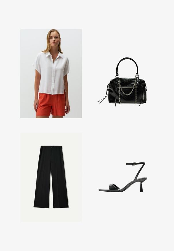 Weißes Leinenhemd mit kurzen Ärmeln, Knopfleiste, abgerundetem Saum und seitlichen Schlitzen, kombiniert mit leuchtend orangefarbenen Leinenkurzen.; Bershka WIDE - Stoffhose - black; Bershka High Heel Sandalette - black; Bershka WITH CHAIN - Handtasche - black