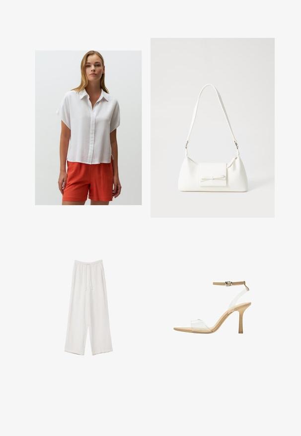 Weißes Leinenhemd mit kurzen Ärmeln, Knopfleiste, abgerundetem Saum und seitlichen Schlitzen, kombiniert mit leuchtend orangefarbenen Leinenkurzen.; Weiße weit geschnittene Hose aus leichtem Stoff. Mit einem elastischen Bund und Kordelzug sowie Seitentaschen. Glatte Textur.; Durchsichtige Sandale mit transparentem Obermaterial, beigem Fußbett und einem schlanken Knöchelriemen. Sie hat eine spitz zulaufende Zehenpartie und einen dünnen, hohen Absatz.; Weiße synthetische Handtasche in dreieckiger Form, flache Vorderklappe und Schleifendetail, verstellbarer Trageriemen, glatte Textur und minimalistisches Design.