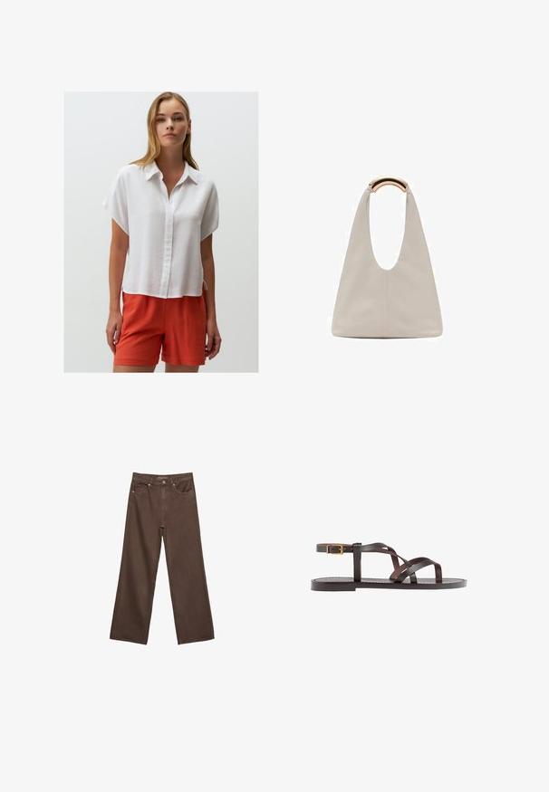 Weißes Leinenhemd mit kurzen Ärmeln, Knopfleiste, abgerundetem Saum und seitlichen Schlitzen, kombiniert mit leuchtend orangefarbenen Leinenkurzen.; Weite braune Jeans aus Denim, mit hoher Taille, Fronttaschen und klassischem Knopfverschluss. Glatte Textur mit feinen Nähten.; Braune Leder-Sandale mit überkreuzten Riemen, einem Knöchelriemen mit Schnalle und einer flachen Sohle mit minimalen Nähdetails.; Hellgraue Lederhandtasche mit einem U-förmigen Design und einem geschwungenen, metallischen Griff. Glatte Textur mit minimalen Nähten und ohne sichtbare Muster.