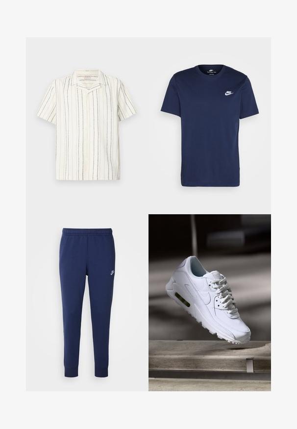 Cămașă cu mâneci scurte, albă, cu nasturi, cu dungi verticale negre și bej și cu guler tip camping, expusă pe un fundal deschis, plat.; Tricou din bumbac de culoare bleumarin, cu gât rotund și mâneci scurte. Prezentă un logo alb Nike pe partea stângă a pieptului și un tiv drept.; Pantaloni de trening Nike bleumarin, confecționați dintr-un amestec de bumbac moale, având un brâu elastic, picioare conice și un mic logo alb pe lateral.; Adidași din piele albă cu suprafețe texturate, guler căptușit și amortizare vizibilă în talpă. Prezintă sireturi și un design minimalist.