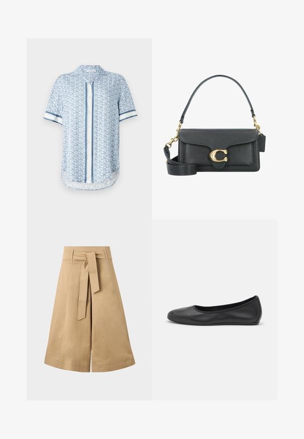 Short-sleeve shirt in light blue with geometric pattern, featuring a button front, collar, and contrasting navy stripes on sleeves and hem.; Khaki midi wrap skirt with a tie belt, made of lightweight cotton, featuring a flared silhouette and visible stitching details.; Black leather ballet flat with a rounded toe, smooth texture, minimal stitching detail, and a flexible sole design.; Black leather handbag with a gold hardware accent, featuring a signature clasp, a detachable shoulder strap, and textured surface.