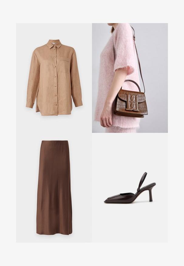 Cămașă din in, de culoare maro deschis, cu mânecă lungă, cu nasturi în față, guler și un singur buzunar pe piept. Dispune de crăpături pe laterale pentru o mișcare mai ușoară.; Fustă midi din satin maro, cu o textură netedă, având o croială dreaptă și fără imprimeuri sau ornamente vizibile. Design simplu și elegant.; Pump slingback din piele lacuită maro, cu vârf ascuțit și toc subțire, înalt. Prezintă un design elegant și o textură de suprafață fină.; Geantă maronie cu embossing de crocodil, dotată cu un mâner superior și o curea de umăr. Prezintă un logo proeminent pe clapeta din față. Textură moale.