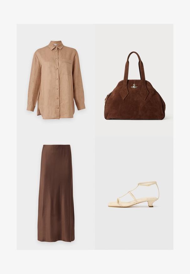 Hellbraunes, langärmliges Leinenhemd mit Knopfverschluss, Kragen und einer einzelnen Brusttasche. Verfügt über seitliche Schlitze für mehr Bewegungsfreiheit.; Brauner Satin-Midirock mit glatter Textur, gerader Schnitt und ohne sichtbare Muster oder Verzierungen. Einfaches und elegantes Design.; Beige Absatzsandalen mit T-Riemen-Design, quadratischer Zehenpartie, verstellbarem Knöchelriemen und niedrigem Blockabsatz. Aus glattem Leder.; Braune Wildleder-Handtasche mit strukturiertem Design, abgerundeter Form und länglichen, diamantförmigen Griffen. Mit einem silbernen Metallverschluss ausgestattet.