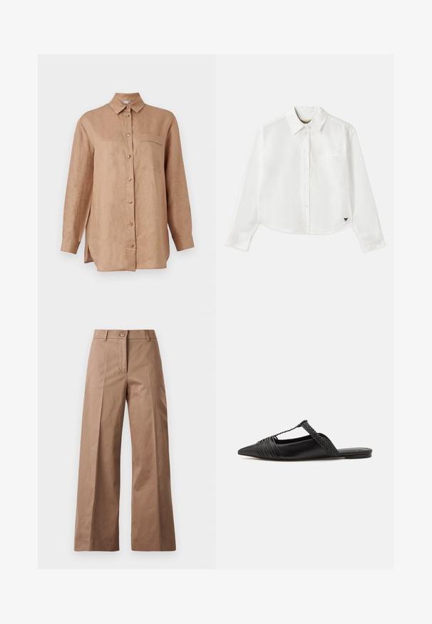 Light brown, long-sleeve linen shirt with a button-up front, collar, and a single chest pocket. Features side slits for ease of movement.; White cropped long-sleeve shirt made of cotton. Features a button-up front, a chest pocket, and a small black logo on the bottom left.; Brown wide-leg trousers made from a smooth fabric, featuring a front button closure, two front pockets, and clean, tailored lines.; Black leather slingback shoe with a pointed toe, featuring a woven accent and pleated upper design. Flat sole with minimal hardware.