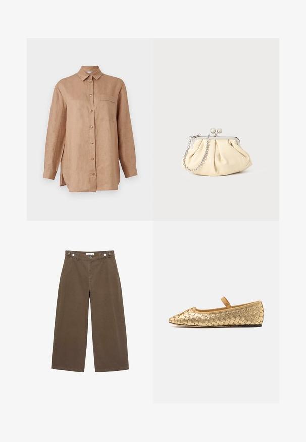 Světle hnědá dlouhá rukávová košile z lnu s knoflíkovým zapínáním vpředu, límečkem a jednou kapsou na prsou. Obsahuje boční rozparky pro snadnější pohyb.; Hnědé kalhoty s širokými nohavicemi vyrobené z odolného materiálu. Mají dvě přední kapsy, zapínání na knoflíky a uvolněný střih s hladkým povrchem.; Loeffler Randall LEONIE SOFT BALLET FLAT - Baleríny s páskem - gold; Plisovaná béžová kožená kabelka na psaní s rámem ze stříbrného kovu, vybavená dvěma kulatými dekorativními uzávěry a stříbrným řetízkem.