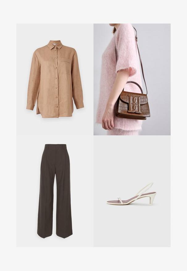 Vaaleanruskea, pitkähihaisesti valmistettu pellavapaita, jossa on napitettavuus edessä, kaulus ja yksi rintatasku. Sivuaukot helpottavat liikettä.; Tummanruskeat leveälahkeiset housut korkealla vyötäröllä, joissa on siistit prässäykset, sileä pinta ja muotoonommeltu istuvuus.; Valkoiset nilkkaketjulliset sandaalit, joissa on pieni korko, ohuet hihnat ja sileä nahkapinta; varustettu pienellä koristeellisella soljella.; Ruskea krokotiili-illalla kuvioitu käsilaukku, jossa on päällikahva ja olkahihna. Etu-läpän päällä on näkyvä logo. Pehmeä tekstuuri.