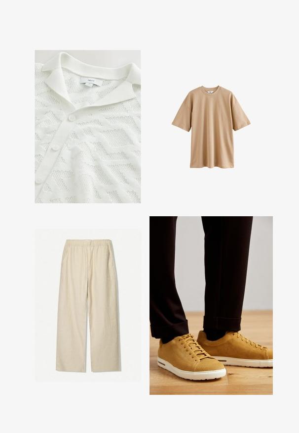 Cardigan bianco lavorato a maglia con un motivo geometrico testurizzato, colletto a polo e chiusura con tre bottoni davanti.; T-shirt beige a maniche corte in cotone con colletto rotondo e vestibilità rilassata, caratterizzata da una trama liscia e priva di motivi o dettagli decorativi.; Pantaloni larghi in lino beige con vita elastica e tasche laterali. Il tessuto ha una finitura naturale e testurizzata.; Sneakers gialli a coste con suole bianche, caratterizzati da punta rotonda, design con lacci e superficie texturizzata, indossati con pantaloni neri a risvolto su un pavimento in legno.