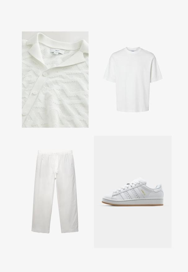 Cardigan alb tricotat, cu un model geometric texturat, guler tip polo și trei închideri cu nasturi în față.; Tricou alb din bumbac, cu mâneci scurte, guler rotund și o croială lejeră. Textură netedă, fără modele sau accente vizibile.; Pantaloni albi din in, cu talie elastică și șnur, design cu picior larg și cusături curate. Textură netedă cu o croială casual.; Adidași albi cu un design perforat cu trei dungi, accente texturate, o talpă din cauciuc și logo-ul "CAMPUS" în aur pe lateral.