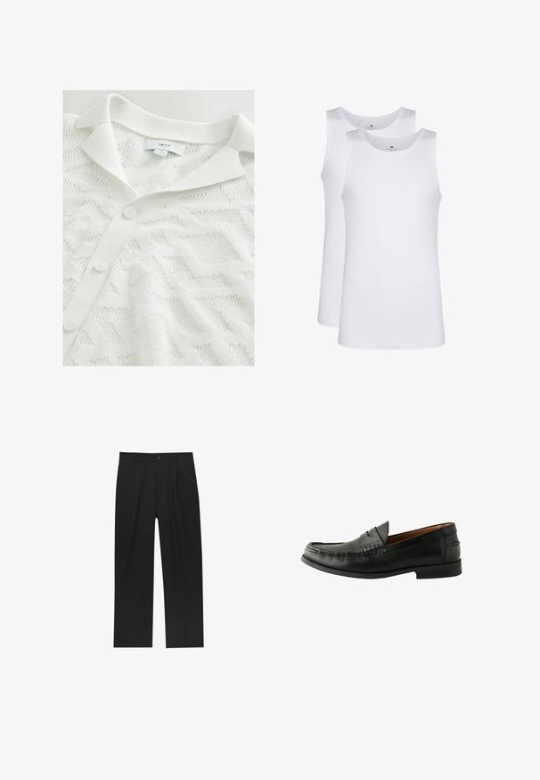 Cardigan en tricot blanc présentant un motif géométrique texturé, un col polo et trois boutonnières à l'avant.; Des débardeurs en coton blanc, design sans manches, col rond, texture unie, avec un tissu doux et léger. Deux pièces affichées.; Pantalons noirs au design droit, fabriqués à partir d'un tissu lisse. Dotés de plis sur le devant et d'une fermeture à un bouton à la taille.; Mocassins en cuir noir avec une finition lisse, un bout arrondi, des détails cousus à la main et une semelle en caoutchouc basse. Design classique et polyvalent.