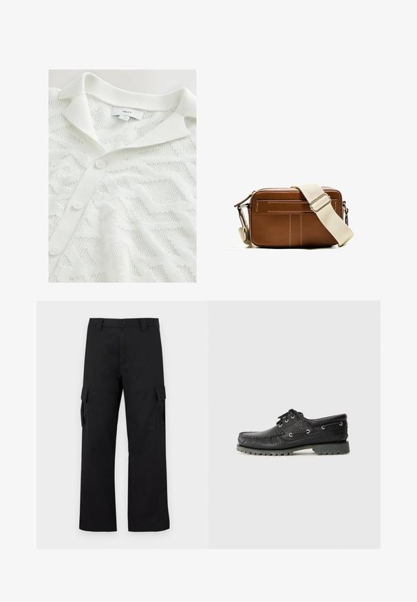 Vit stickad cardigan med ett strukturerat geometriskt mönster, polokrage och tre knäppningar framtill.; Svarta cargobyxor med rak bendesign. Tillverkade av slitstarkt tyg, med två sidofickor med klaffstängningar och knappgylf.; Svart texturerad snörsko med rund tå, metallöglor och en robust grå gummisula. Har ett vävt mönster på ovandelen.; Brun läder crossbody-väska med vit sömnad, rektangulär form, dragkedjestängning och en beige justerbar rem. Innehåller två framfickor.