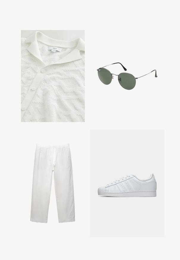 Cardigan en tricot blanc présentant un motif géométrique texturé, un col polo et trois boutonnières à l'avant.; Pantalons en lin blanc avec une taille élastique et un cordon de serrage, conception à jambes larges et coutures nettes. Texture lisse avec une coupe décontractée.; Baskets en cuir blanc avec un embout en caoutchouc texturé, trois bandes sur le côté et un col rembourré. Lacets blancs plats et design minimaliste.; Lunettes de soleil en métal avec des verres ovales verts. Monture en métal argenté mince et embouts d'oreille noirs. Design minimaliste, sans logos visibles.